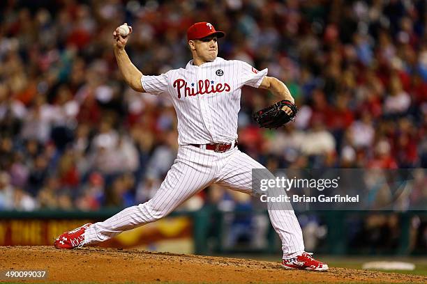 Jonathan Papelbon of the Philadelphia Phillies throws a pitch during the game against the Miami Marlins at Citizens Bank Park on April 12, 2014 in...