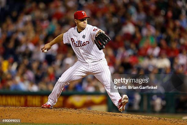 Jonathan Papelbon of the Philadelphia Phillies throws a pitch during the game against the Miami Marlins at Citizens Bank Park on April 12, 2014 in...