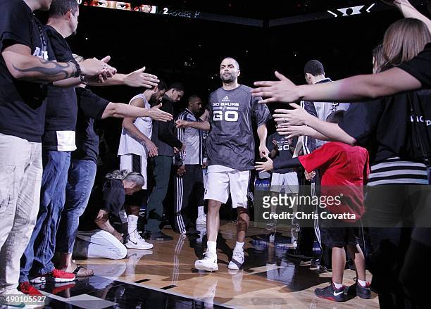 Tony Parker of the San Antonio Spurs is introduced before playing the Portland Trail Blazers in Game Two of the Western Conference Semifinals during...