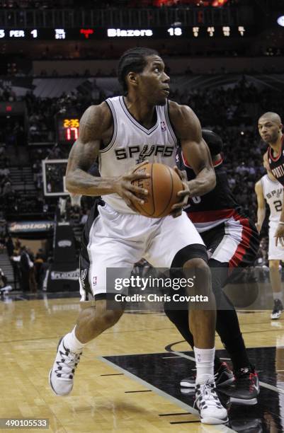 Kawhi Leonard of the San Antonio Spurs moves toward the basket against the Portland Trail Blazers in Game Two of the Western Conference Semifinals...