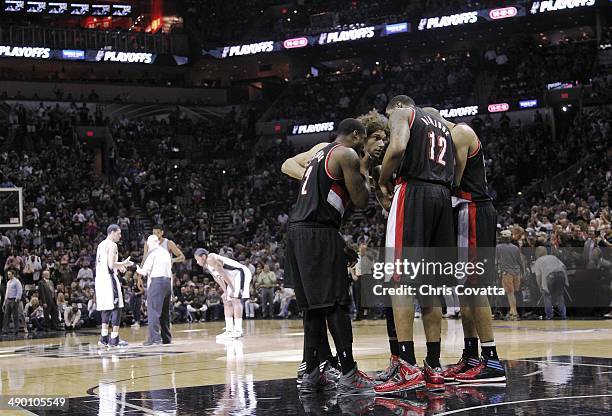 Robin Lopez and the other starters of the Portland Trail Blazers huddle up before playing against the San Antonio Spurs in Game Two of the Western...