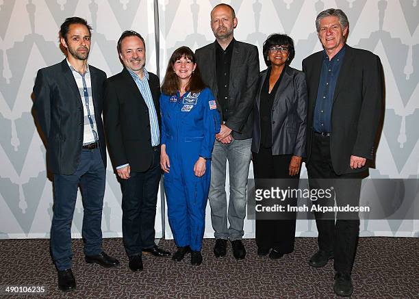 Max Solomon, Tim Webber, Cady Coleman, Mark Sanger, Cheryl Boone Isaacs, and Bill Kroyer attend The Academy Of Motion Picture Arts And Sciences'...