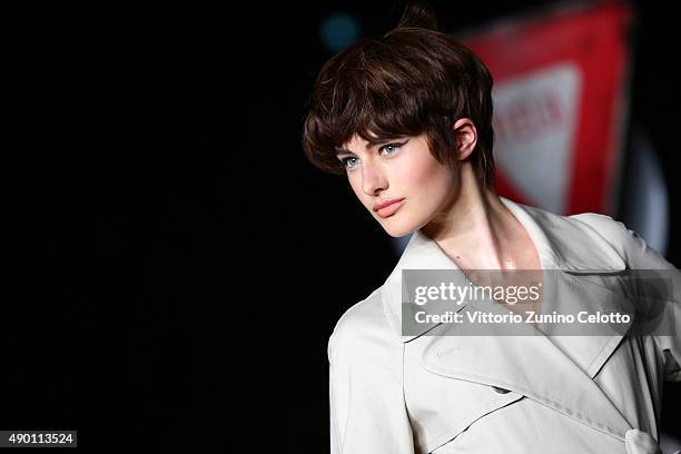 Model walks the runway during the Moschino fashion show as part of Milan Fashion Week Spring/Summer 2016 on September 24, 2015 in Milan, Italy.