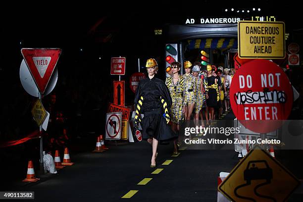 Models walk the runway during the Moschino fashion show as part of Milan Fashion Week Spring/Summer 2016 on September 24, 2015 in Milan, Italy.