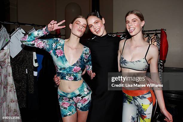 Models pose backstage ahead of the Ready To Wear show during Mercedes-Benz Fashion Festival Sydney 2015 at Sydney Town Hall on September 26, 2015 in...