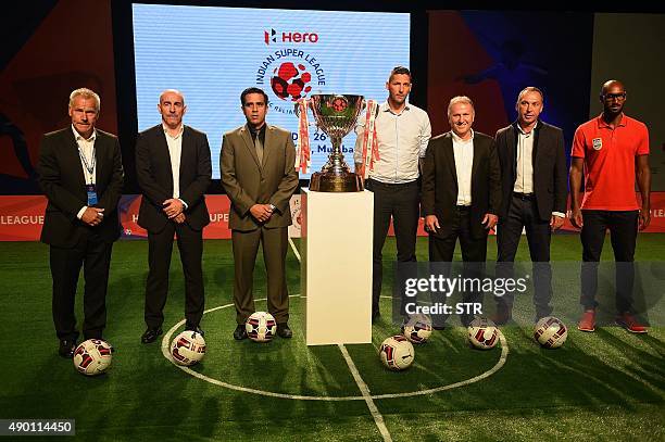 Indian football club Kerala Blasters FC coach Peter Taylor, Atletico de Kolkata coach Antonio Lopez Habas, North East United FC coach Cesar Farias,...