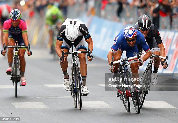 Nacer Bouhanni of France and team FDJ.fr beats Giacomo Nizzolo of Italy and team Trek Factory Racing and Tom Veelers of the Netherlands and team...