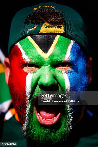 South Africa fan enjoys the atmosphere prior to the 2015 Rugby World Cup Pool B match between South Africa and Samoa at Villa Park on September 26,...