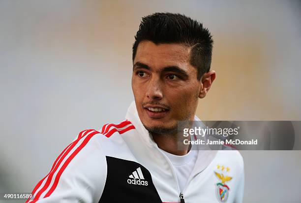 Oscar Cardozo of Benfica looks on during an SL Benfica training session ahead of the UEFA Europa League Final against Sevilla FC at Juventus Arena on...