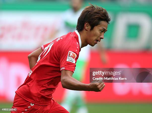 Hiroshi Kiyotake of Hannover jubilates after scoring the second goal during the Bundesliga match between VFL Wolfsburg and Hannover 96 at Volkswagen...