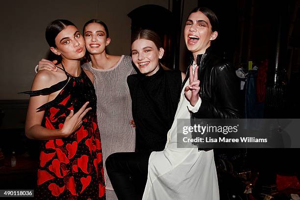 Models pose backstage ahead of the Australian Luxe show during Mercedes-Benz Fashion Festival Sydney 2015 at Sydney Town Hall on September 26, 2015...