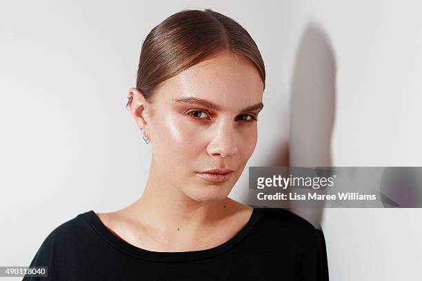 Model poses backstage ahead of the Australian Luxe show during Mercedes-Benz Fashion Festival Sydney 2015 at Sydney Town Hall on September 26, 2015...