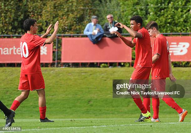 Trent Alexander Arnold of Liverpool celebrates scoring his second goal of the game with team mates during the Liverpool v Newcastle United U18...