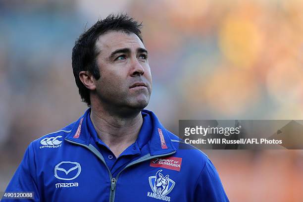 Brad Scott, coach of the Kangaroos looks on before the AFL Second Preliminary Final match between the West Coast Eagles and the North Melbourne...
