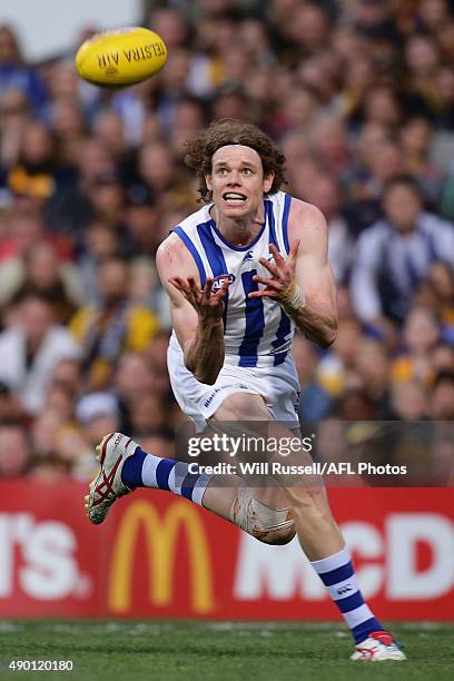 Ben Brown of the Kangaroos marks the ball during the AFL Second Preliminary Final match between the West Coast Eagles and the North Melbourne...