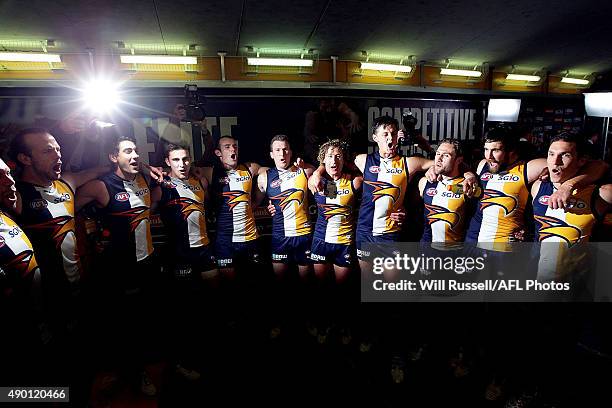 The Eagles sing the team song after winning the AFL Second Preliminary Final match between the West Coast Eagles and the North Melbourne Kangaroos at...