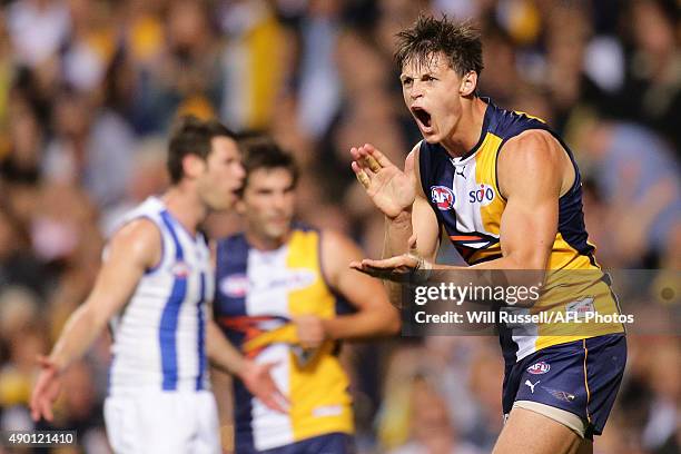 Callum Sinclair of the Eagles calls for a free kick during the AFL Second Preliminary Final match between the West Coast Eagles and the North...