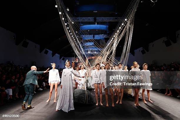 Designer Antonio Marras walks the runway during the Antonio Marras fashion show as part of Milan Fashion Week Spring/Summer 2016 on September 26,...