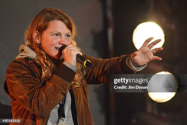 Poet Kate Tempest performs live on stage during the final weekend closing party of Dismaland on September 25, 2015 in Weston-Super-Mare, England....