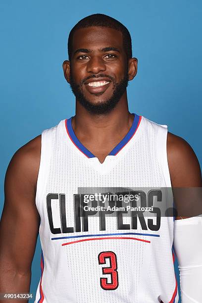 Chris Paul of the Los Angeles Clippers poses for a headshot during media day at the Los Angeles Clippers Training Center on September 25, 2015 in...