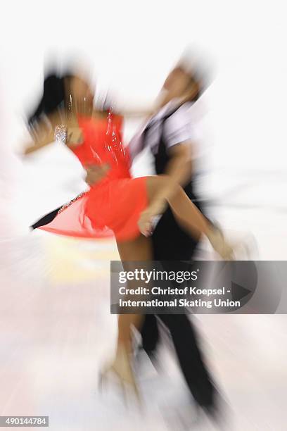 Sarah Marine Rouffanche and Geoffrey Brissauf of France skate during the junior ice free dance of the ISU Junior Grand Prix at Tor-Tor Arena on...