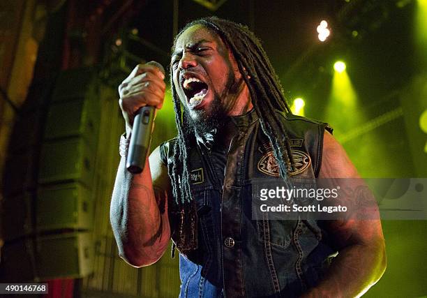 Lajon Witherspoon of Sevendust performs during the 1000HP Tour at The Fillmore Detroit on September 23, 2015 in Detroit, Michigan.