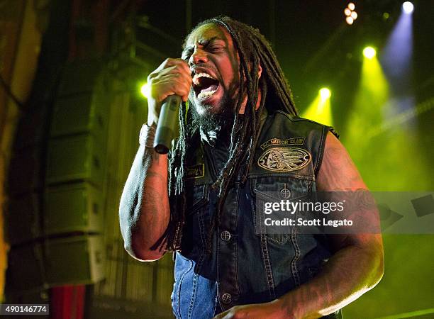 Lajon Witherspoon of Sevendust performs during the 1000HP Tour at The Fillmore Detroit on September 23, 2015 in Detroit, Michigan.