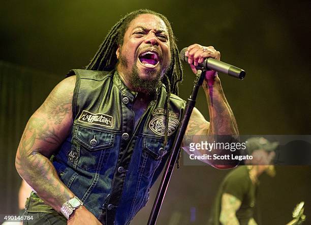 Lajon Witherspoon of Sevendust performs during the 1000HP Tour at The Fillmore Detroit on September 23, 2015 in Detroit, Michigan.