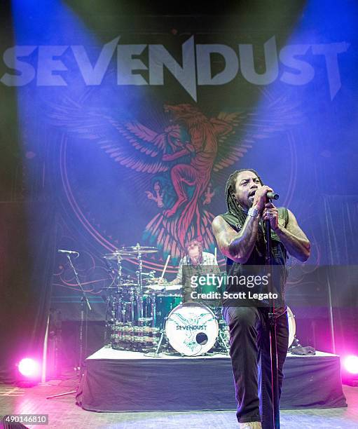 Morgan Rose and Lajon Witherspoon of Sevendust perform during the 1000HP Tour at The Fillmore Detroit on September 23, 2015 in Detroit, Michigan.