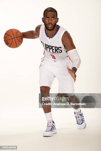 Chris Paul of the Los Angeles Clippers poses for a portrait during media day at the Los Angeles Clippers Training Center on September 25, 2015 in...