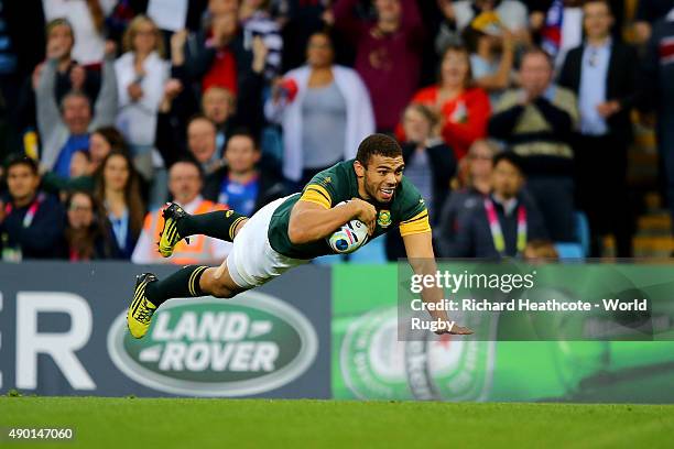 Bryan Habana of South Africa scores the sixth try for his team during the 2015 Rugby World Cup Pool B match between South Africa and Samoa at Villa...