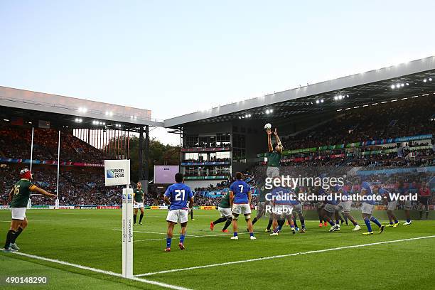 General view of a lineout during the 2015 Rugby World Cup Pool B match between South Africa and Samoa at Villa Park on September 26, 2015 in...