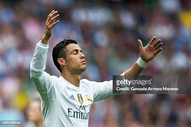 Cristiano Ronaldo of Real Madrid CF reacts as he fail to score during the La Liga match between Real Madrid CF and Malaga CF at Estadio Santiago...