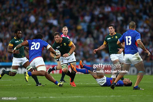 Duane Vermeulen of South Africa drives on during the 2015 Rugby World Cup Pool B match between South Africa and Samoa at Villa Park on September 26,...