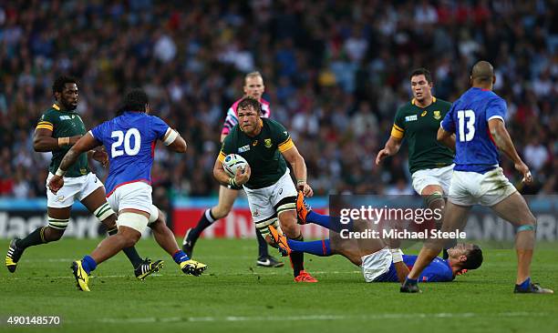Duane Vermeulen of South Africa drives on during the 2015 Rugby World Cup Pool B match between South Africa and Samoa at Villa Park on September 26,...