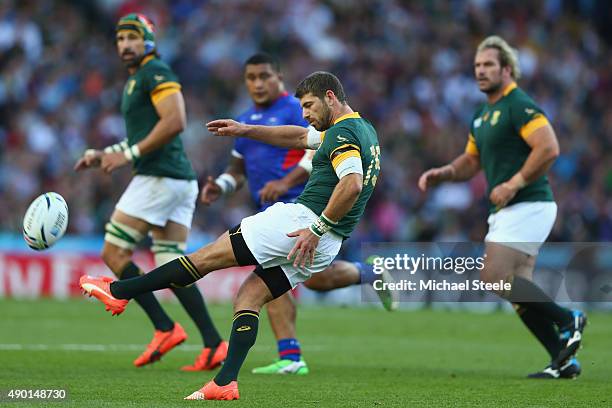 Willie Le Roux of South Africa kicks clear during the 2015 Rugby World Cup Pool B match between South Africa and Samoa at Villa Park on September 26,...