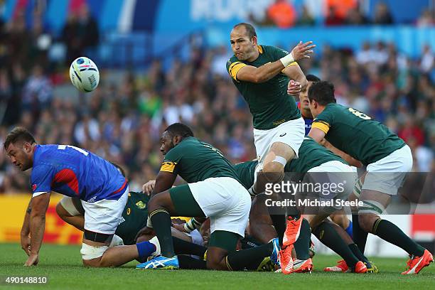 Fourie du Preez of South Africa passes during the 2015 Rugby World Cup Pool B match between South Africa and Samoa at Villa Park on September 26,...