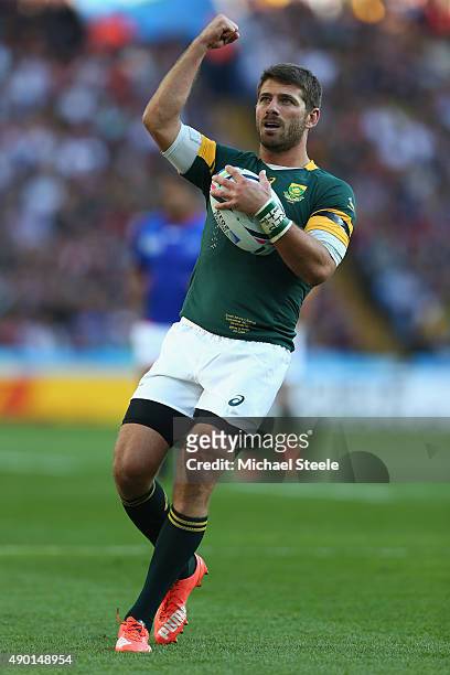 Willie Le Roux of South Africa makes his mark during the 2015 Rugby World Cup Pool B match between South Africa and Samoa at Villa Park on September...