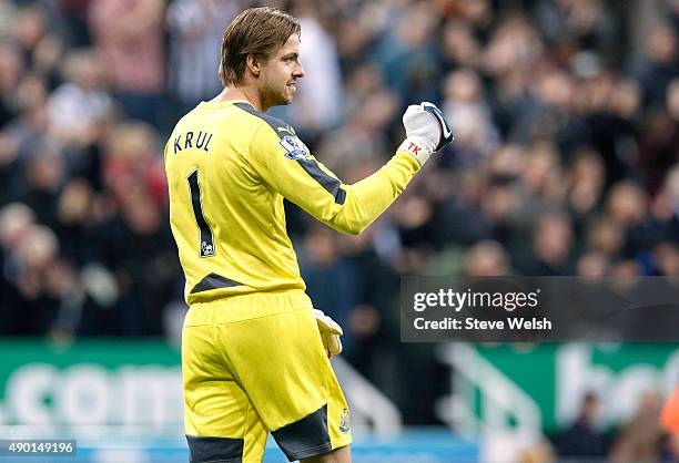 Goalkeeper Tim Krul of Newcastle United celebrates during the Barclays Premier League match between Newcastle United and Chelsea at St James' Park on...