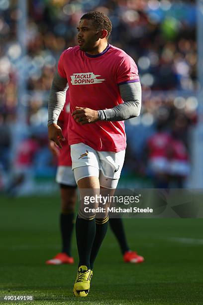 Bryan Habana of South Africa warms up in a t shirt promoting drug free sport during the 2015 Rugby World Cup Pool B match between South Africa and...