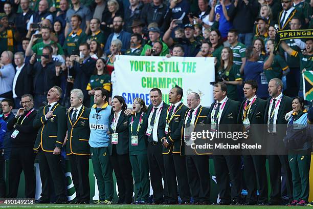 Heyneke Meyer the Head Coach of South Africa sings the national anthem alongside his support staff during the 2015 Rugby World Cup Pool B match...