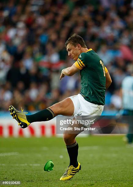 Handre Pollard of South Africa kicks at goal during the 2015 Rugby World Cup Pool B match between South Africa and Samoa at Villa Park on September...