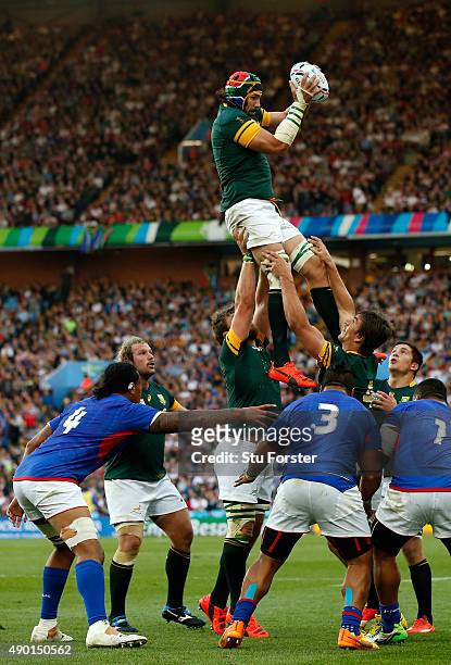 Victor Matfield of South Africa in action during the 2015 Rugby World Cup Pool B match between South Africa and Samoa at Villa Park on September 26,...