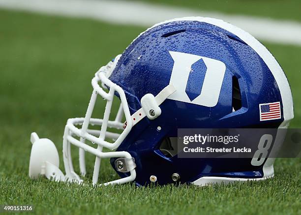 Rain on the helmet of the Duke Blue Devils during their game against the Georgia Tech Yellow Jackets at Wallace Wade Stadium on September 26, 2015 in...