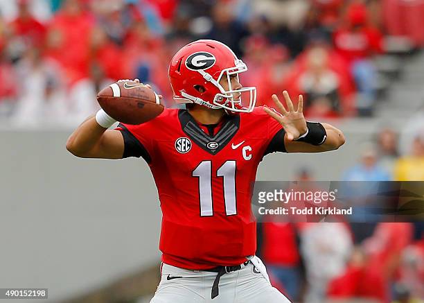 Quarterback Greyson Lambert of the Georgia Bulldogs throws a pass in the first quarter of the game against Southern University Jaguars on September...