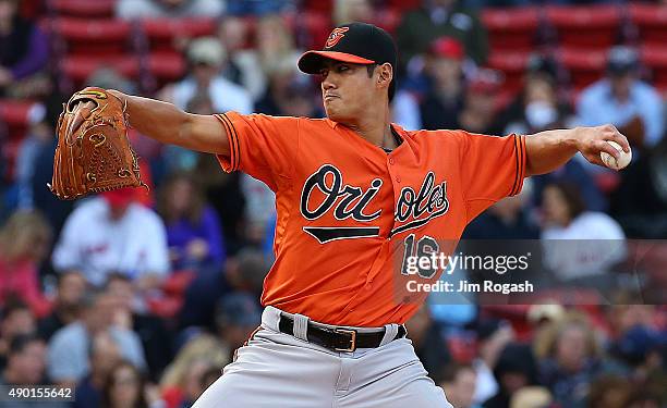 Wei-Yin Chen of the Baltimore Orioles throws against the Boston Red Sox in the first inning at Fenway Park on September 26, 2015 in Boston,...