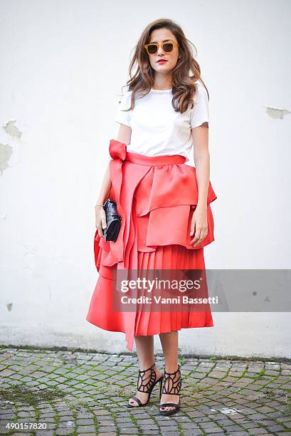 Eleonora Carisi poses before the Antonio Marras show during the Milan Fashion Week Spring/Summer 16 on September 26, 2015 in Milan, Italy.