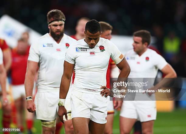 Anthony Watson of England walks of dejected after England lose during the 2015 Rugby World Cup Pool A match between England and Wales at Twickenham...