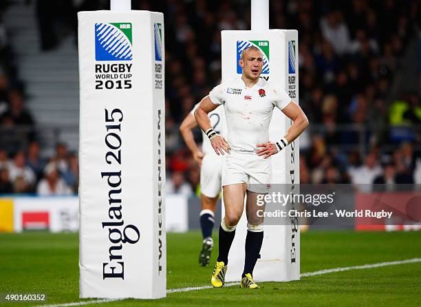 Mike Brown of England stands alone under the posts during the 2015 Rugby World Cup Pool A match between England and Wales at Twickenham Stadium on...