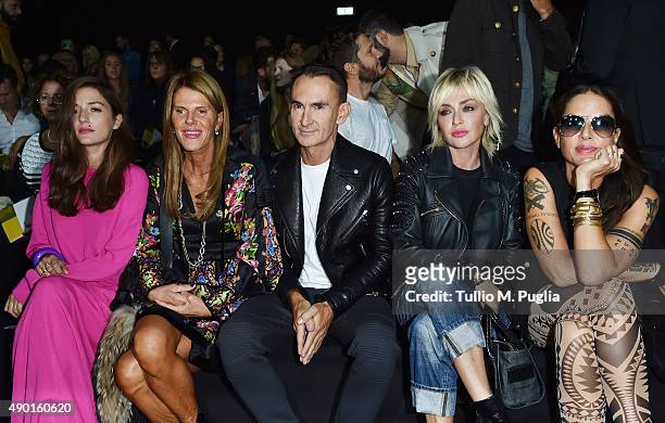 Eleonora Carisi, Anna Dello Russo, Neil Barrett, Paola Barale and Benedetta Mazzini attend the DSquared2 show during the Milan Fashion Week...